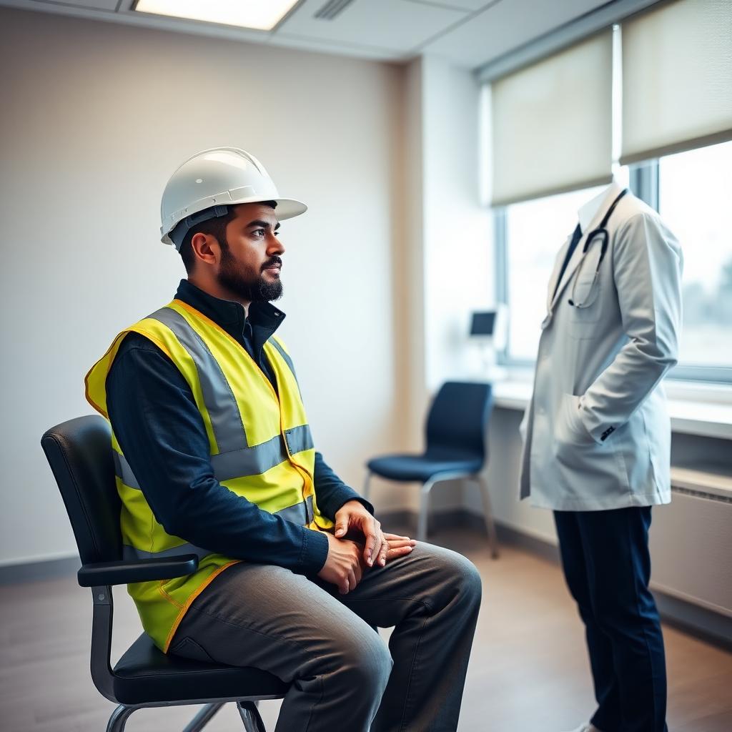 Construction worker in a safety vest being seen in a clinic exam room.