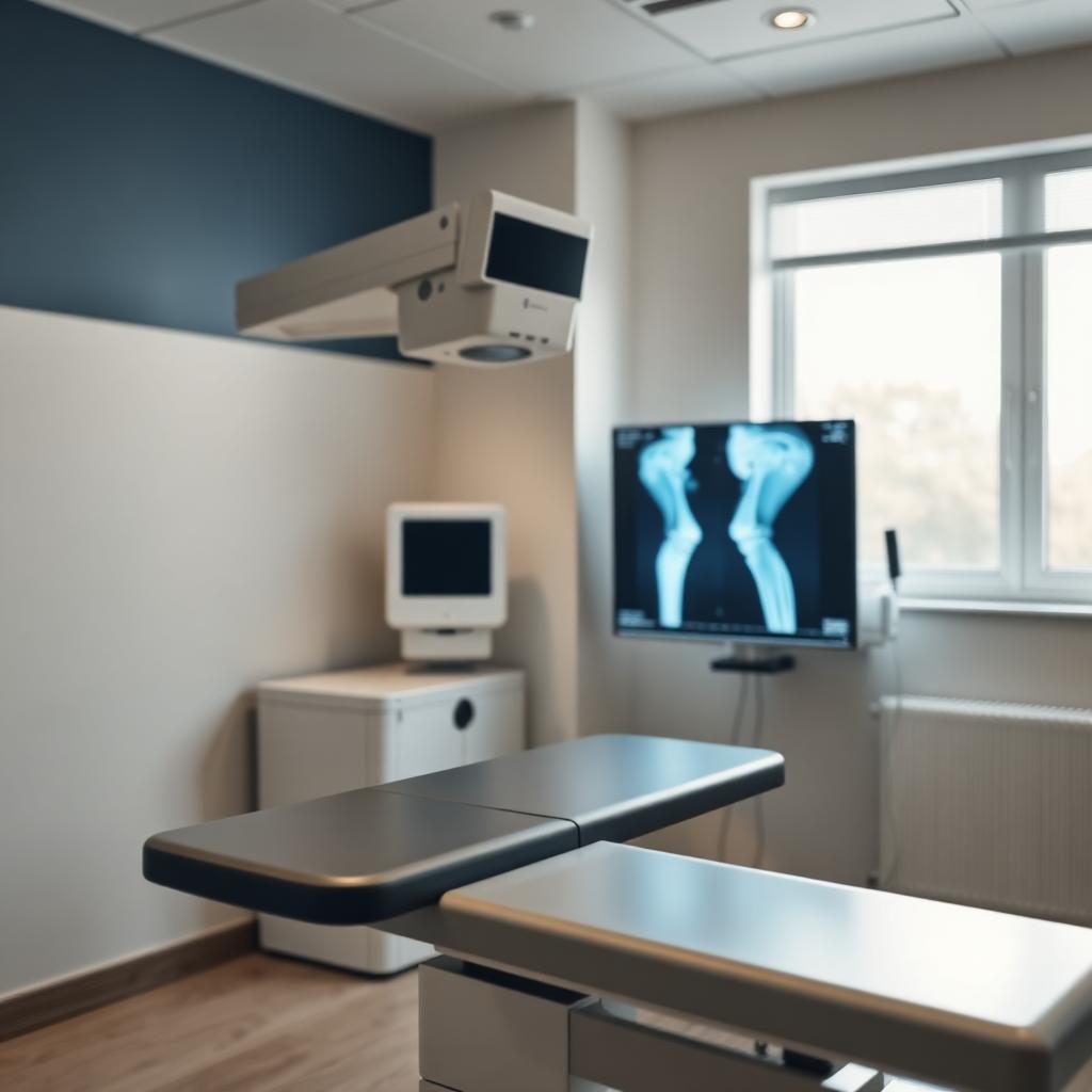 On-site digital X-ray suite with a knee radiograph on the wall monitor.