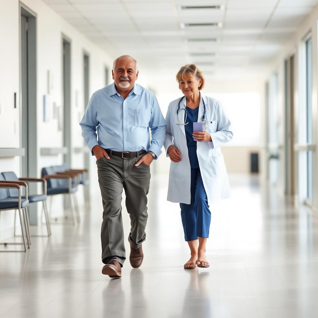 Older adult patient walking in a clinic corridor with a physician.