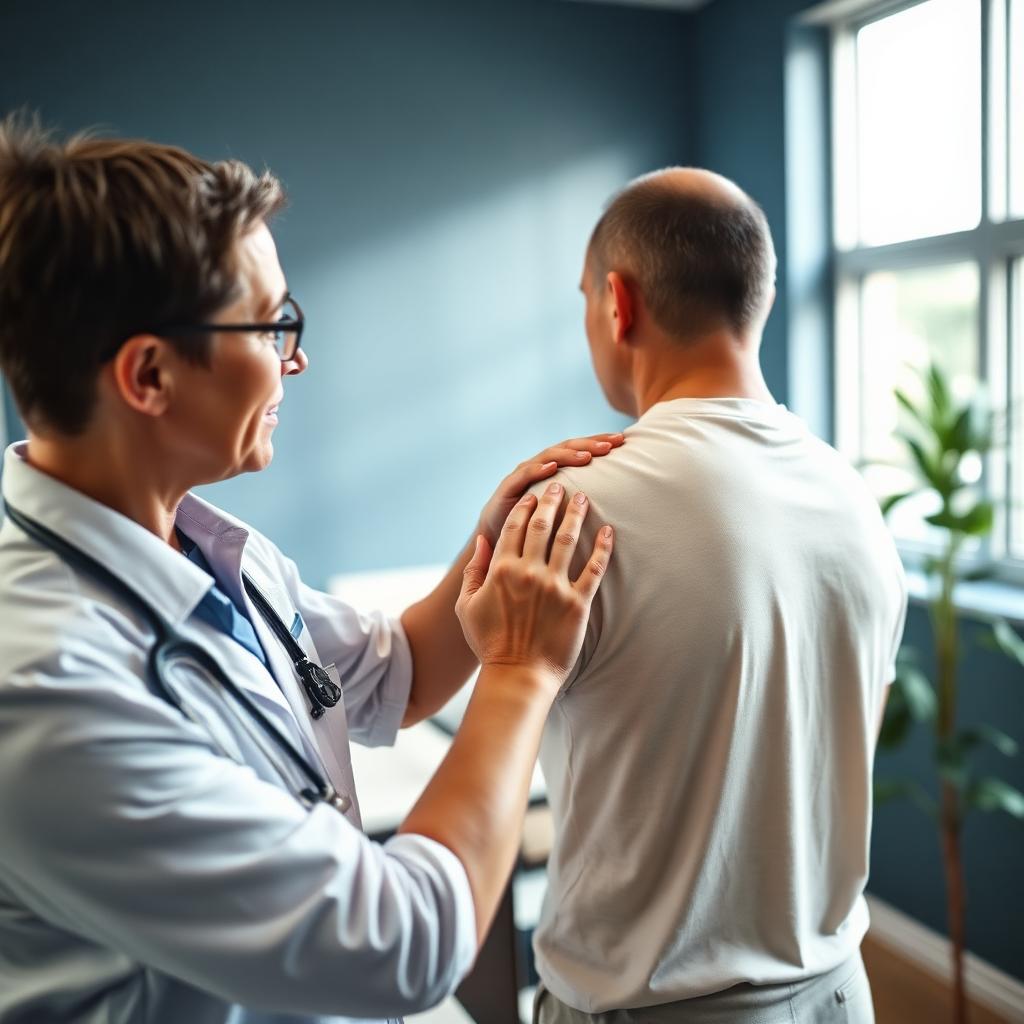 Clinician assessing a patient's shoulder range of motion.