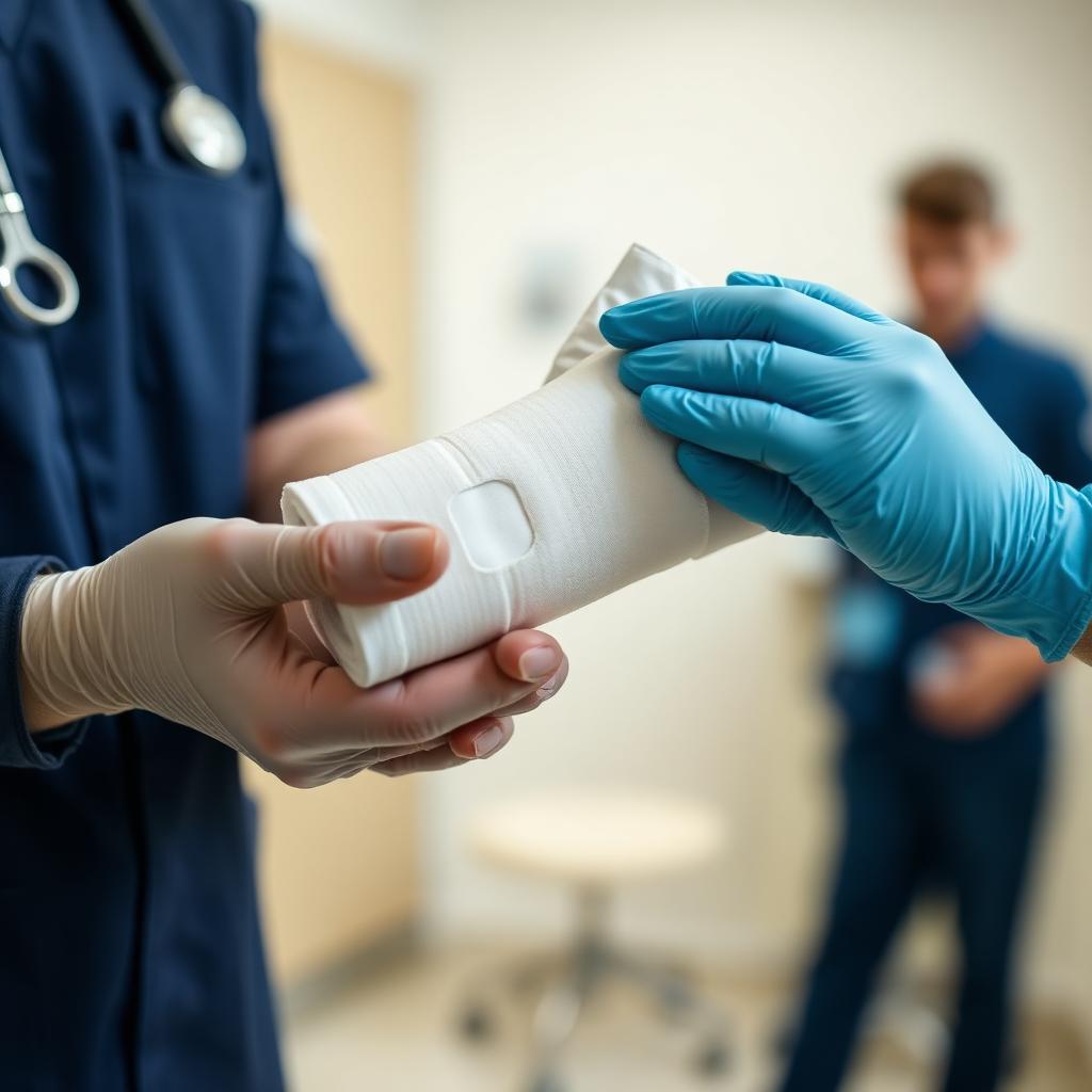 Clinician applying a plaster wrist cast in an exam room.