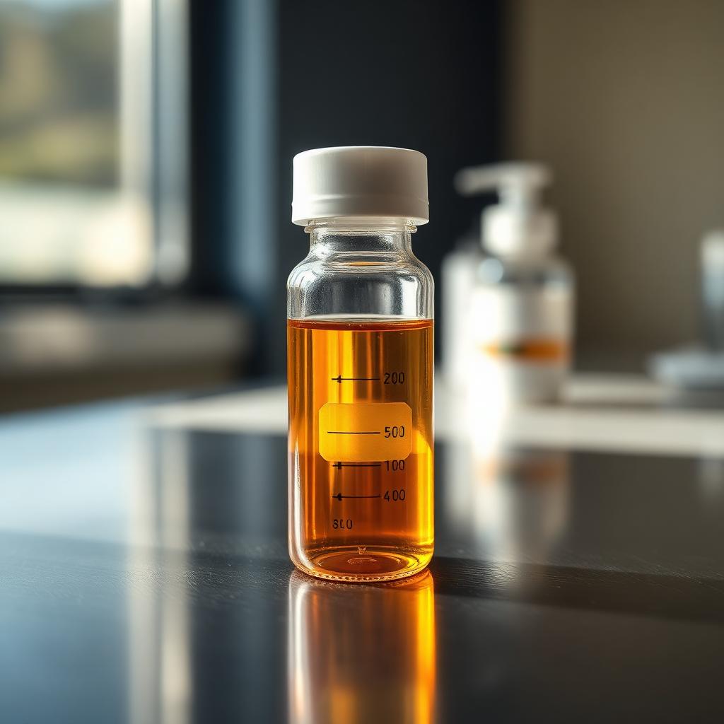 Clear vial of golden platelet-rich plasma on a stainless steel tray.