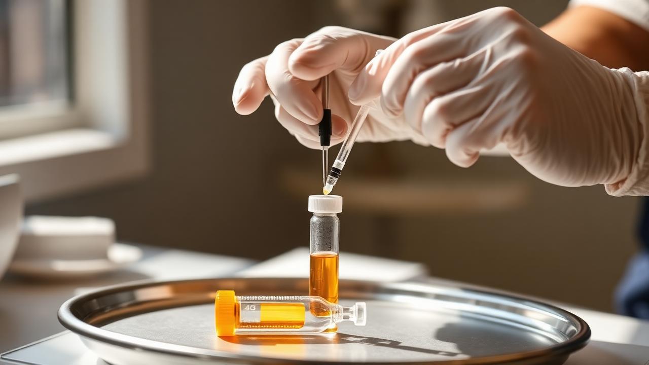 Gloved clinician's hands preparing a platelet-rich plasma syringe and vial for a regenerative orthopedic injection.
