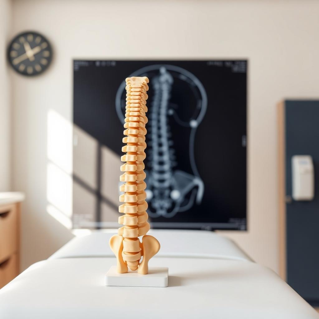 Anatomical spine model on an exam table with a lumbar X-ray behind it.