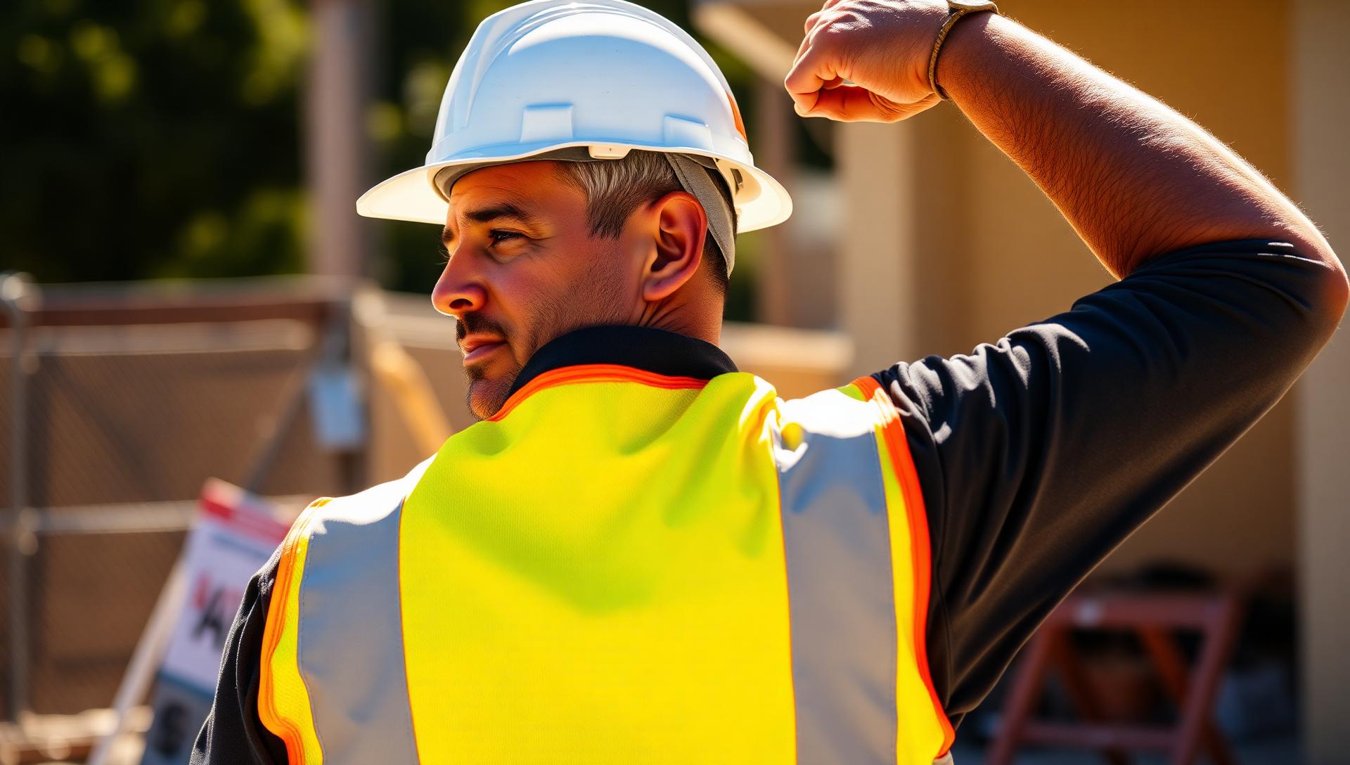 Construction worker in high-visibility vest and hard hat outdoors in San Diego sunlight.