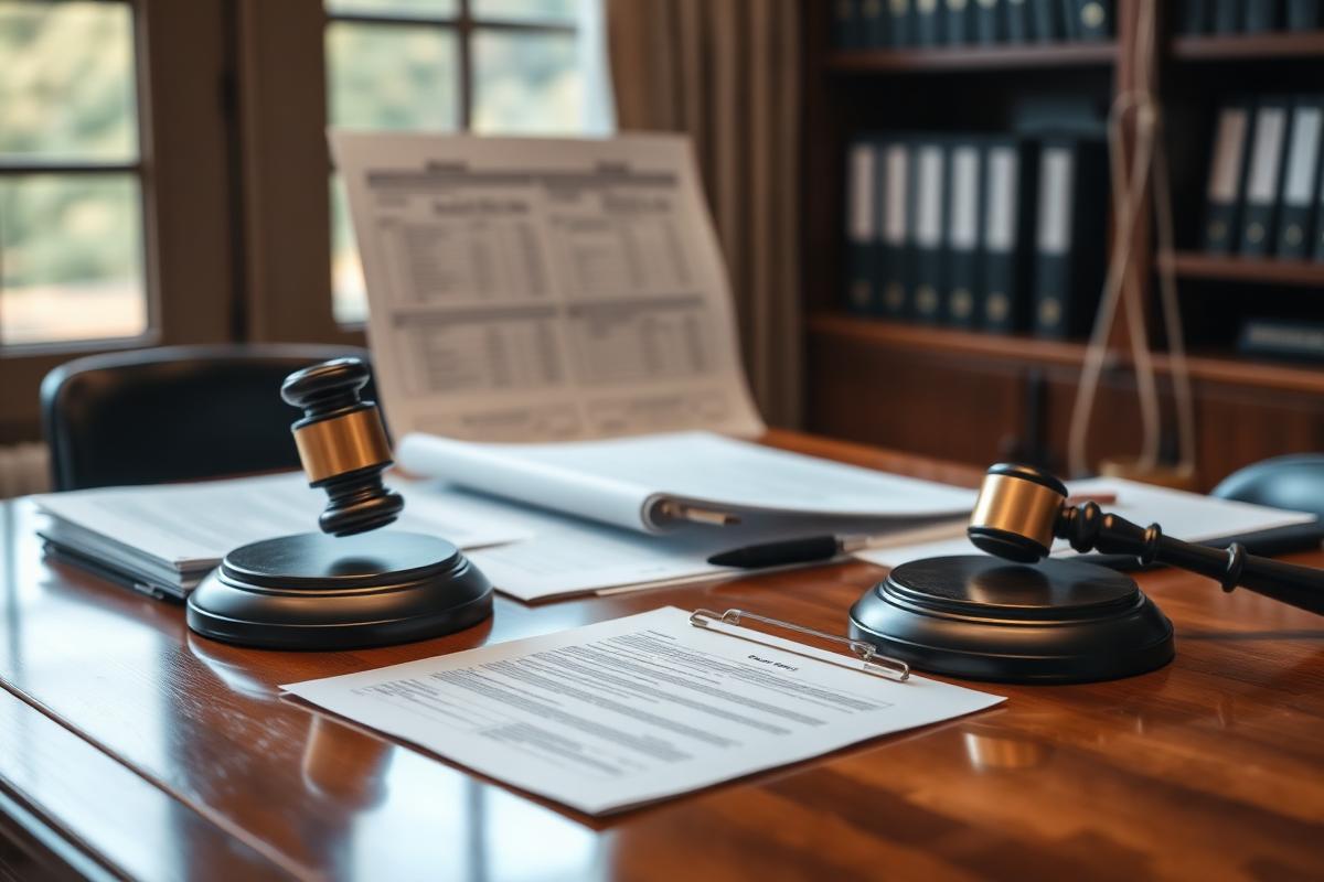 Legal documents and gavel on a polished desk with medical files
